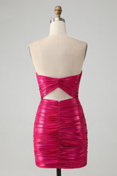 Vestido de fiesta elegante, ajustado, fucsia, plisado, sin tirantes y con abertura en la cerradura
